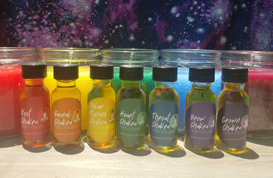 Reiki Infused Chakra Oil Collection sold as set and individually. Root, Sacral, Solar Plexus,  Heart, Throat, 3rd Eye, Crown